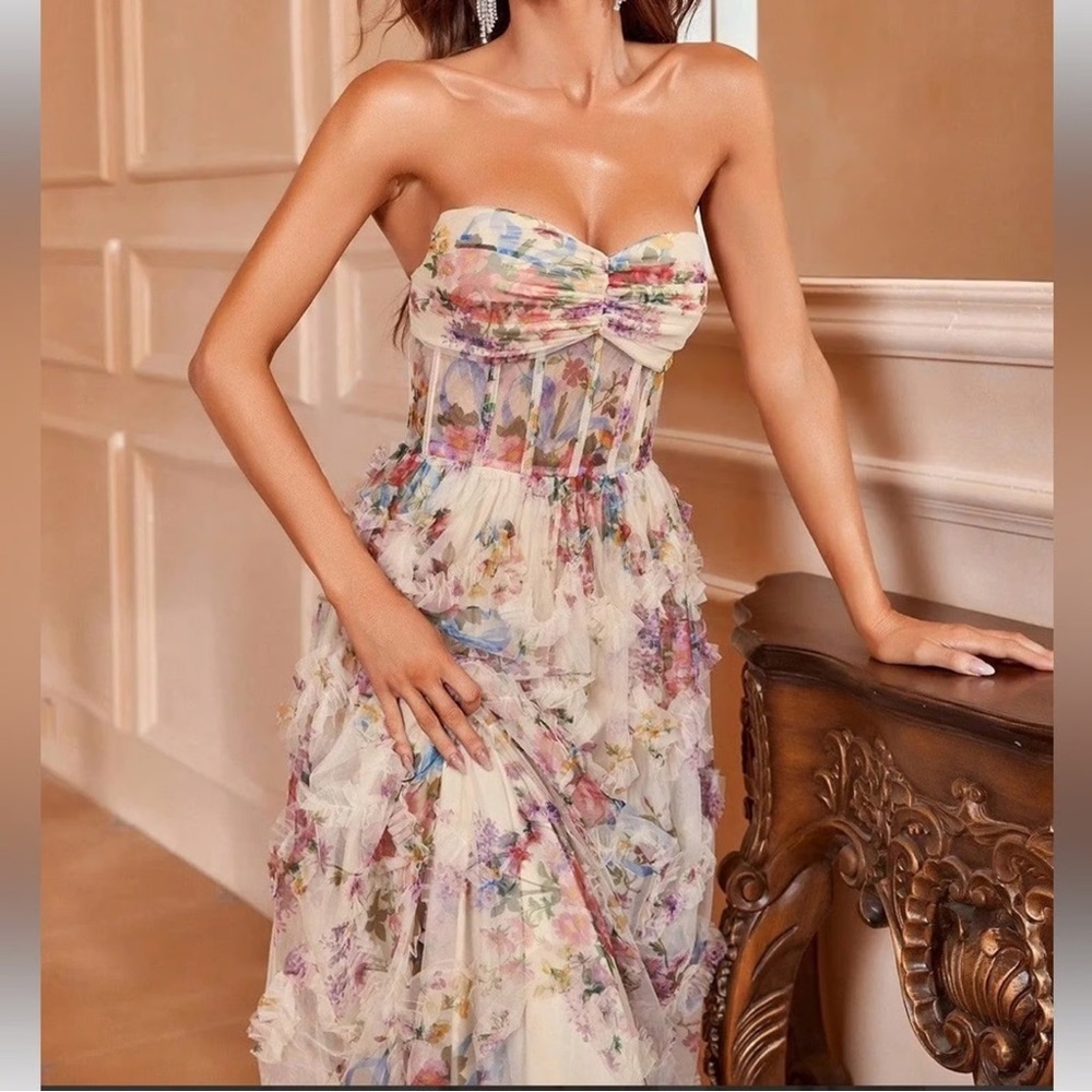 Strapless Floral Ruffle Maxi Dress - Cream Floral